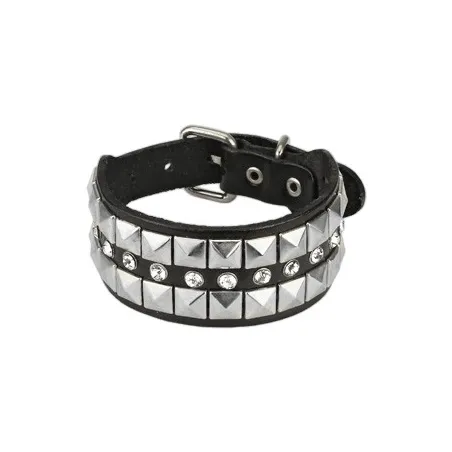 Bracelet en Cuir noir ajustable avec pyramides et Strass