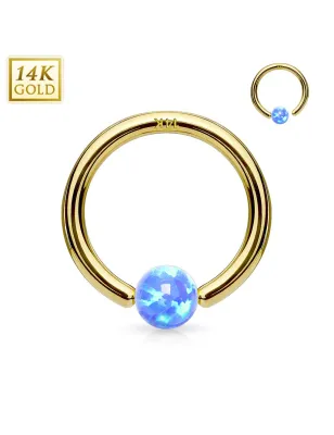 Piercing anneau captif en or jaune 14 carats pour nez oreille opale bleue