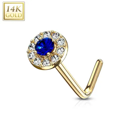 Piercing nez Or jaune 14 carats tige L rond gemme bleu