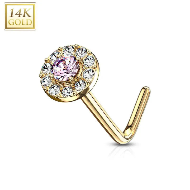 Piercing nez Or jaune 14 carats tige L rond gemme rose