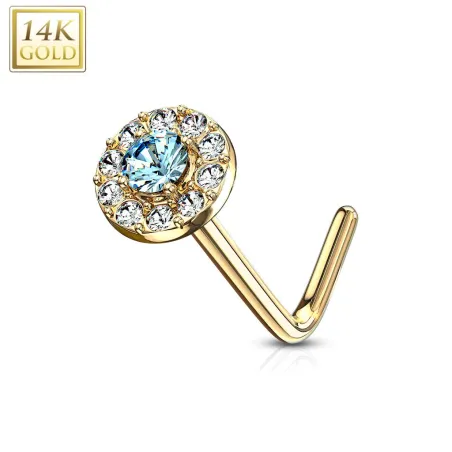 Piercing nez Or jaune 14 carats tige L rond gemme turquoise