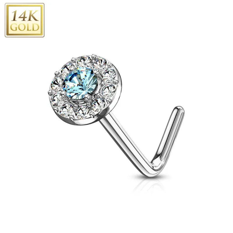 Piercing nez Or blanc 14 carats tige L rond gemme turquoise