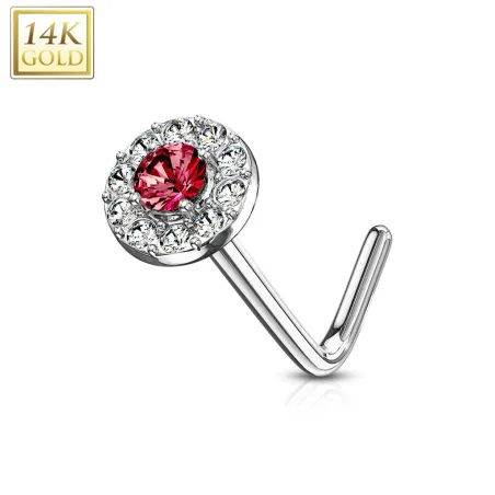 Piercing nez Or blanc 14 carats tige L rond gemme rouge