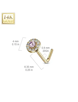 Piercing nez Or jaune 14 carats tige L rond gemme rose