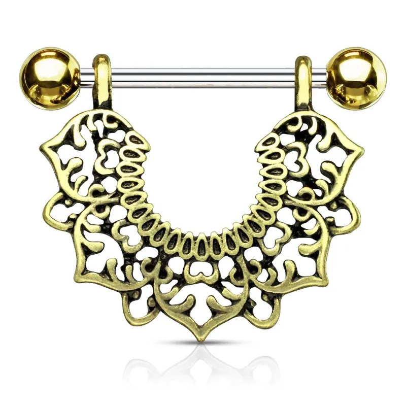 Piercing téton plaqué or pendentif fleurs filigrane