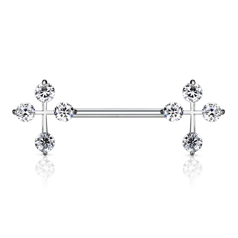 Piercing téton barbell croix gemmes blancs