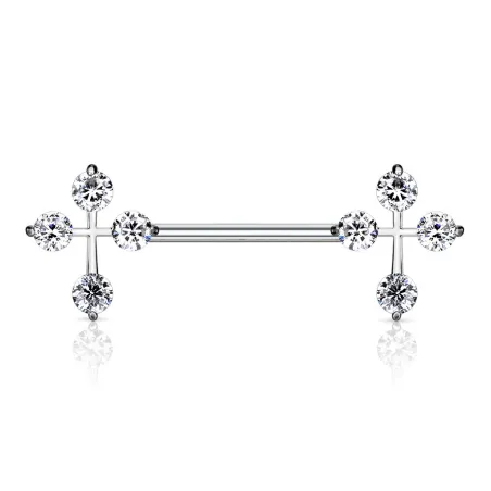 Piercing téton barbell croix gemmes blancs