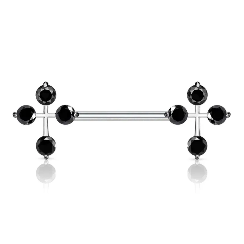 Piercing téton barbell croix gemmes noirs