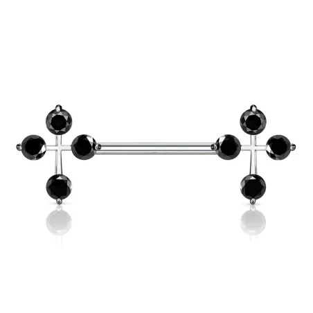 Piercing téton barbell croix gemmes noirs