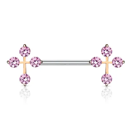 Piercing téton barbell croix gemmes roses