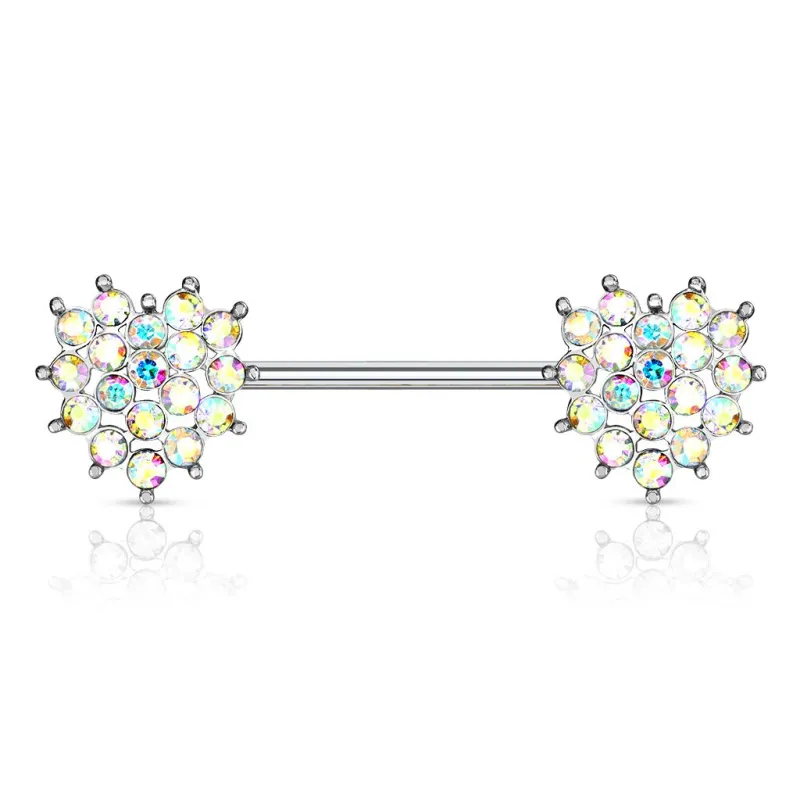 Piercing téton barbell coeurs cristaux aurore boréale