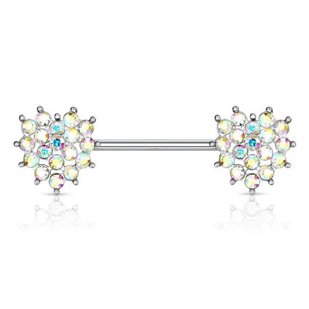 Piercing téton barbell coeurs cristaux aurore boréale