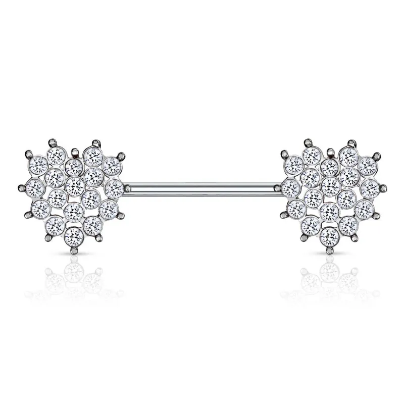 Piercing téton barbell coeurs cristaux blancs