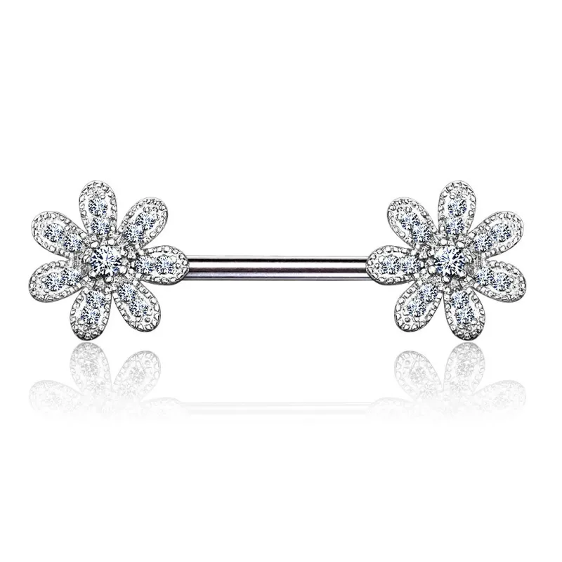 Piercing téton barbell acier fleurs