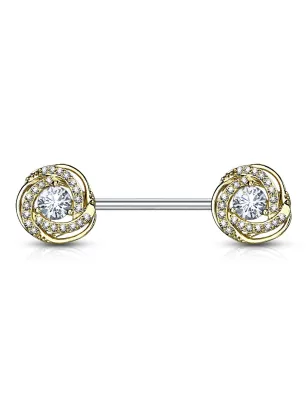 Piercing téton barbell plaqué or rose pavée