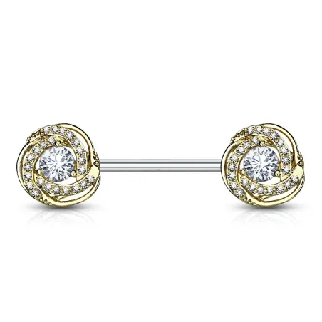 Piercing téton barbell plaqué or rose pavée