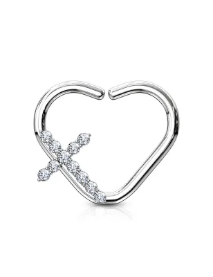 Piercing oreille cartilage daith anneau coeur argenté croix