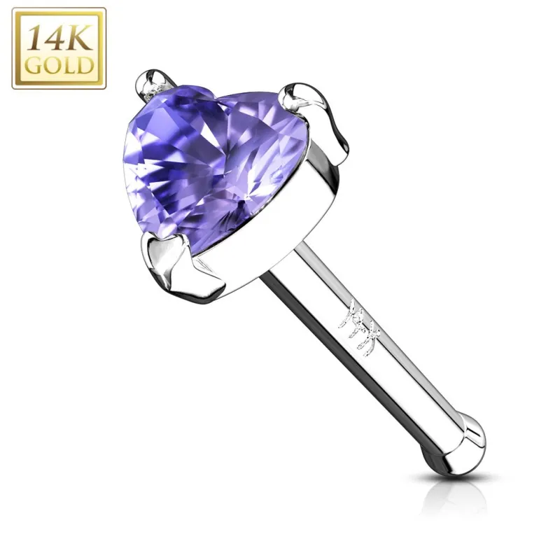 Piercing Nez Or Blanc 14 Carats Gemme Coeur Tanzanite