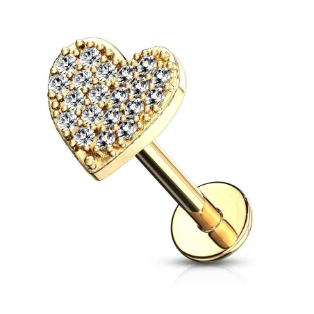 Piercing labret lèvre plaqué or coeur pavé de strass