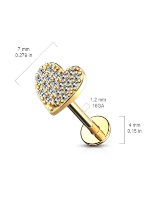 Piercing labret lèvre plaqué or coeur pavé de strass