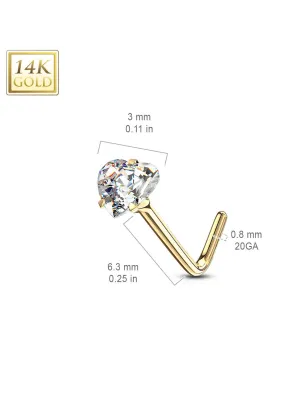 Piercing nez Or jaune 14 carats coeur blanc tige en L