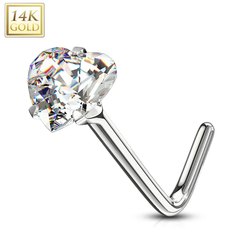 Piercing nez Or blanc 14 carats coeur blanc tige en L