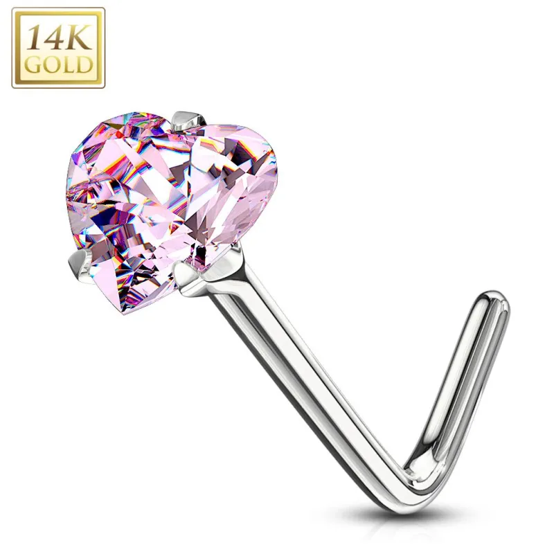 Piercing nez Or blanc 14 carats coeur rose tige en L