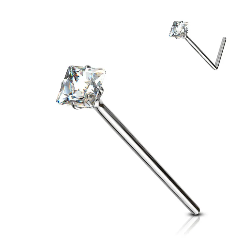 Piercing nez Argent Tige Pliable Strass Carré