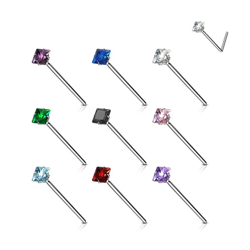 Piercing nez Argent Tige Pliable Strass Carré