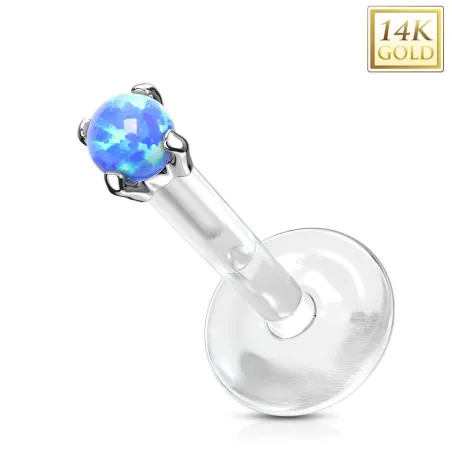 Piercing labret Bioplast et Or Blanc 14 Carats Opale Bleue