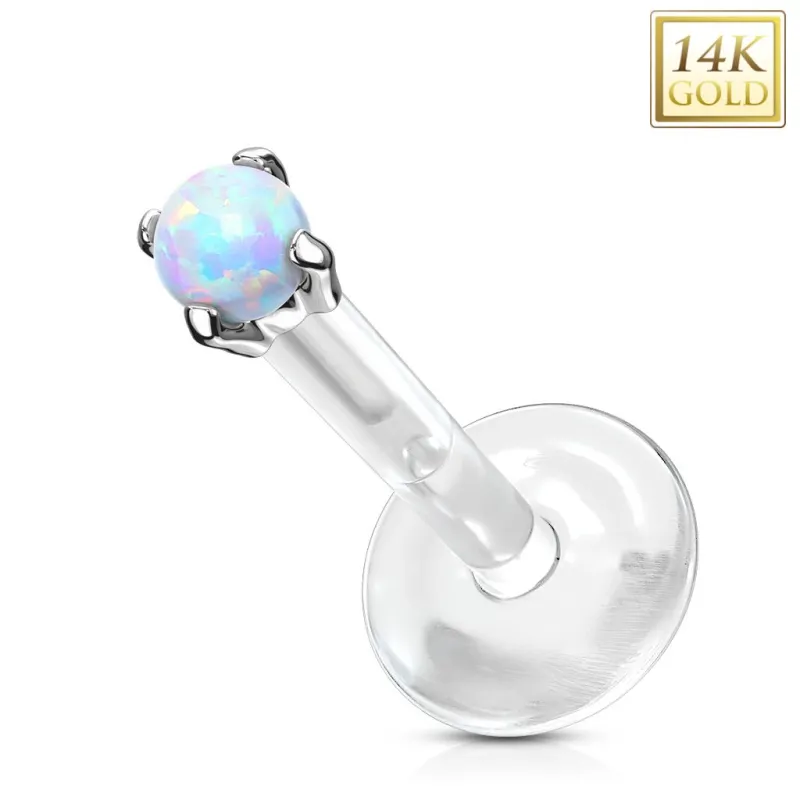 Piercing oreille labret Bioplast et Or Blanc 14 Carats Opale Blanche