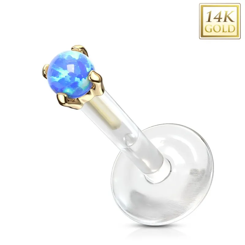 Piercing oreille labret Bioplast et Or Jaune 14 Carats Opale Bleue