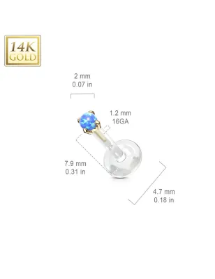 Piercing labret Bioplast et Or Jaune 14 Carats Opale Bleue