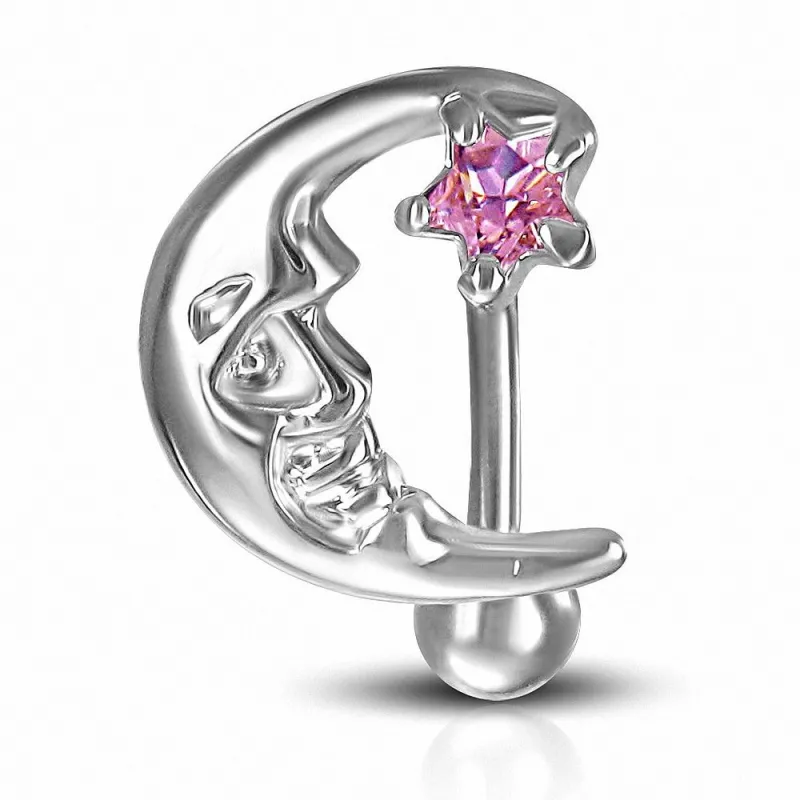 Piercing nombril inversé Lune et Etoile rose