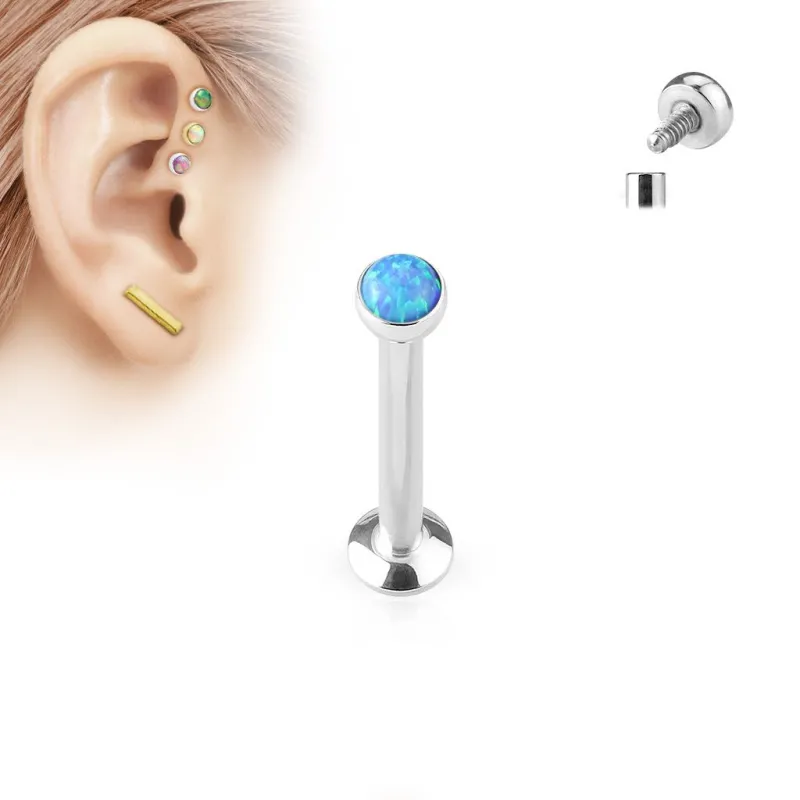 Piercing oreille labret vissage interne opale bleue