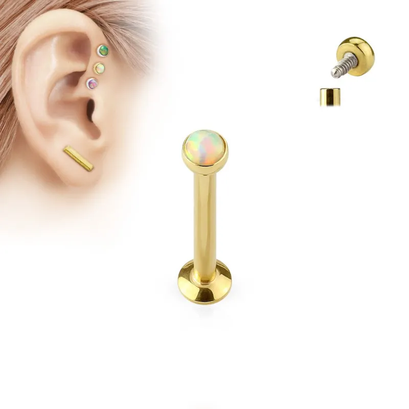 Piercing oreille labret doré vissage interne opale