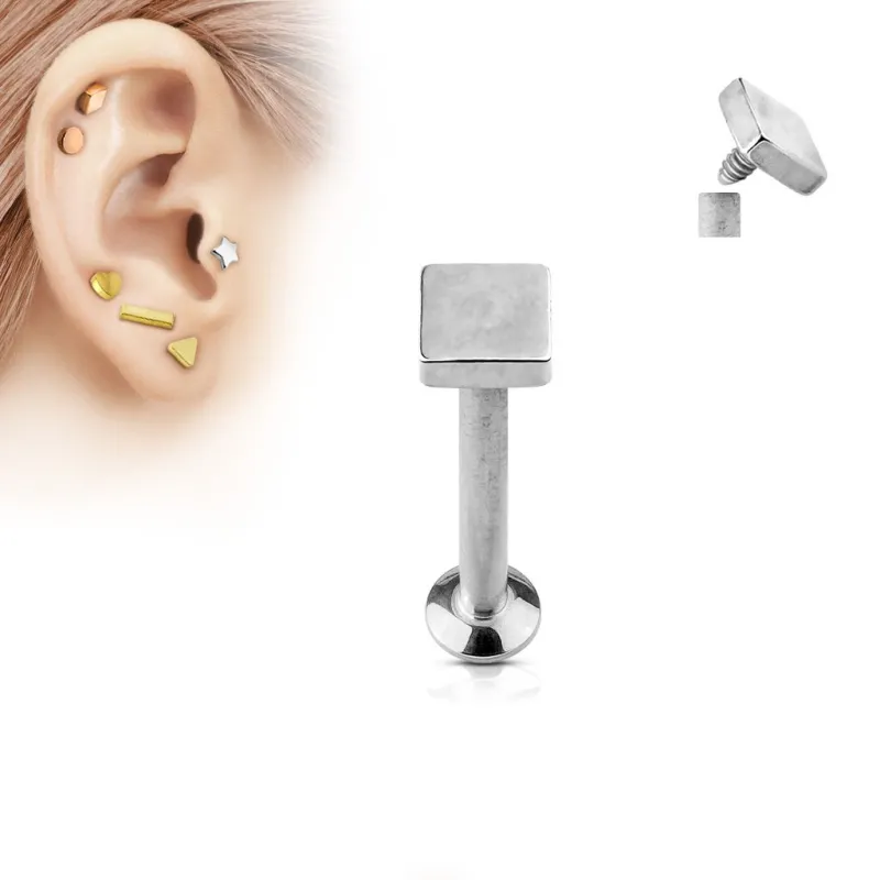 Piercing oreille labret vissage interne carré argenté