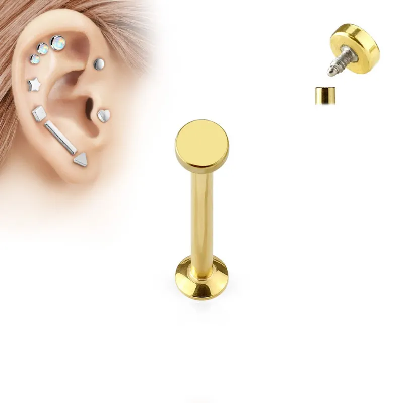 Piercing oreille labret vissage interne rond doré