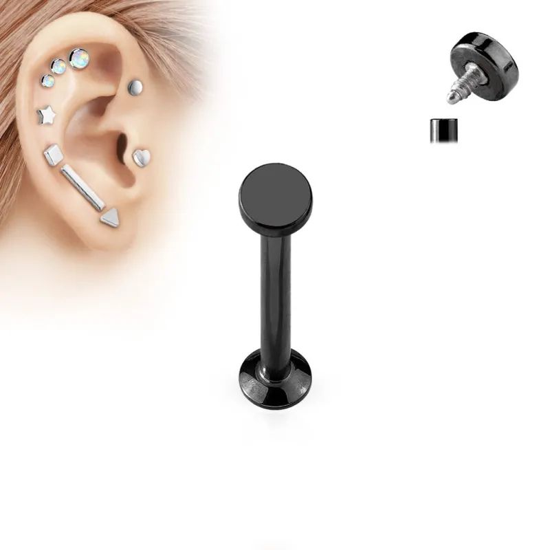 Piercing oreille labret vissage interne rond noir