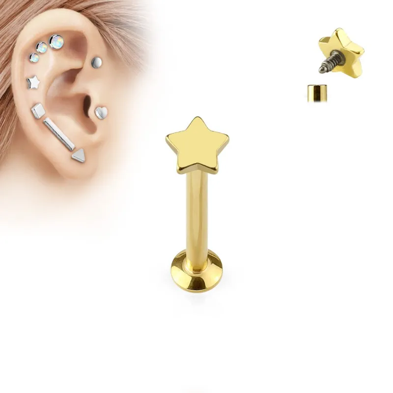 Piercing oreille labret vissage interne étoile dorée