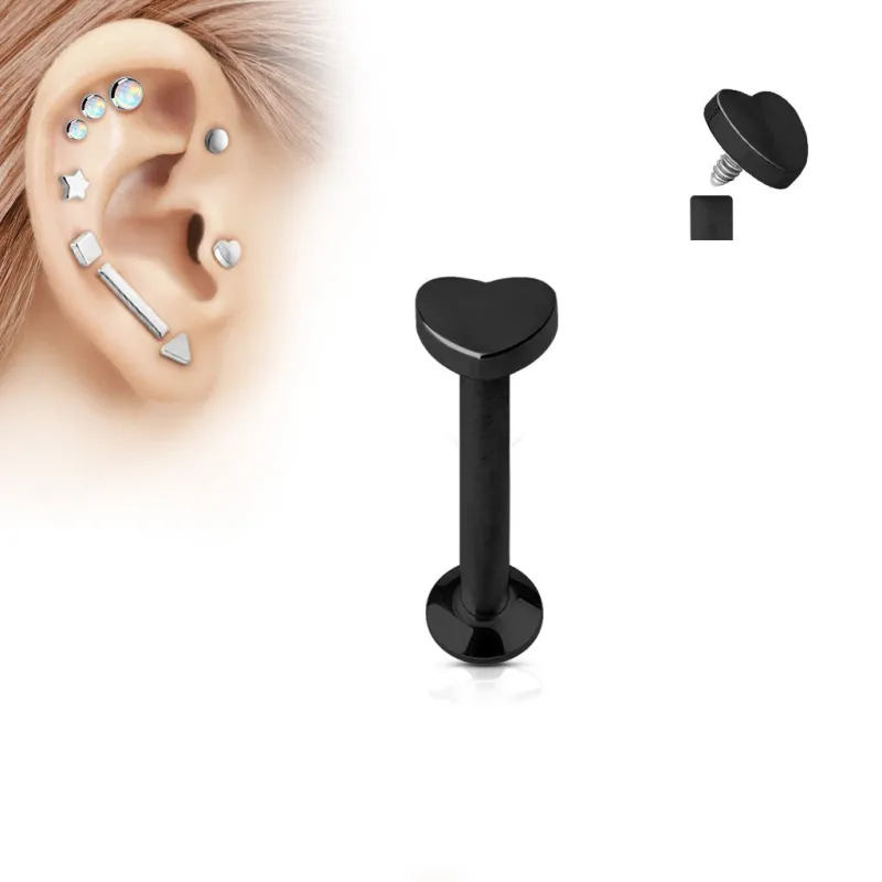 Piercing oreille labret vissage interne coeur noir