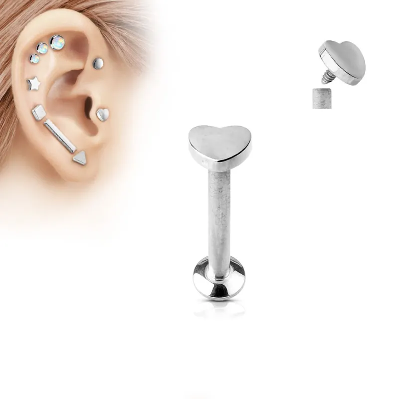 Piercing oreille labret vissage interne coeur argenté