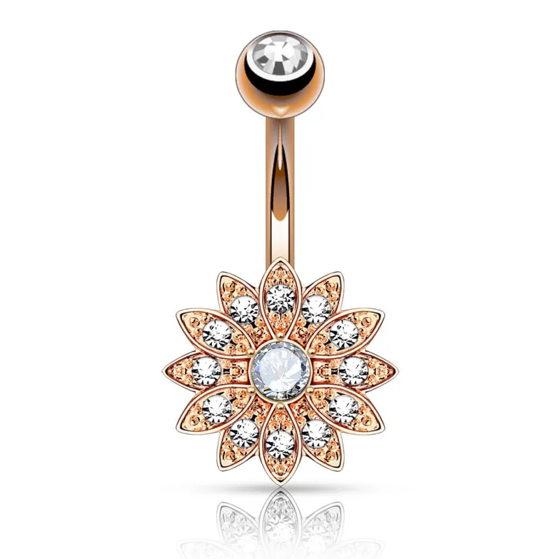 Piercing nombril petite fleur cristal plaqué or rose