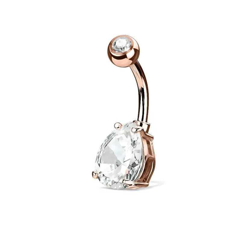 Piercing nombril solitaire plaqué or rose larme blanche