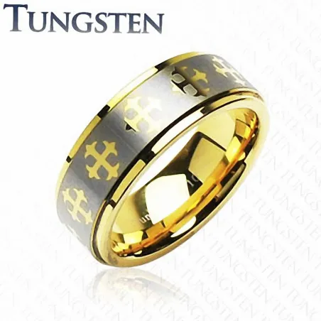 Bague Tungstène Plaqué Or Croix - Bague homme et femme en tungstene