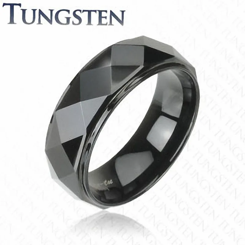 Bague homme tungstène noir à facettes losanges