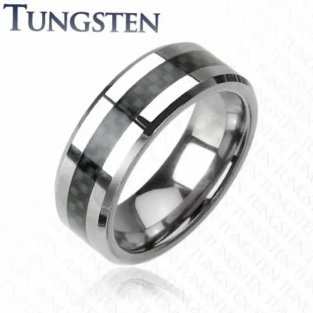 Bague Tungstène avec fibre de carbone noire  - Bague homme et femme en tungstene