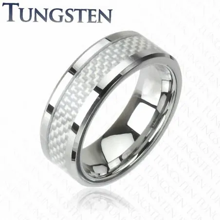 Bague Tungstène avec fibre de carbone blanche - Bague homme et femme en tungstene