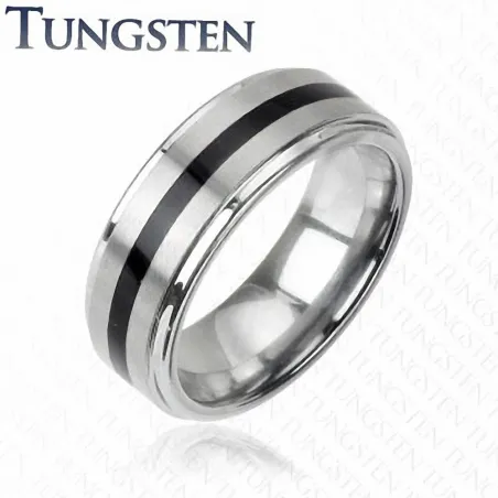 Bague Tungstène bande Noire centrale - Bague homme et femme en tungstene