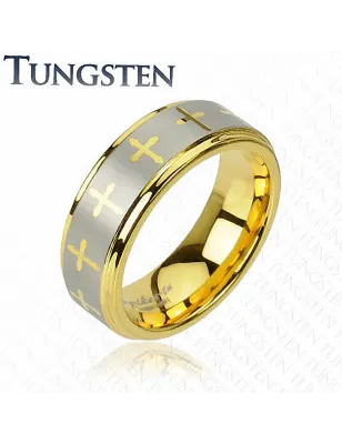 Bague homme en tungstène dorée croix